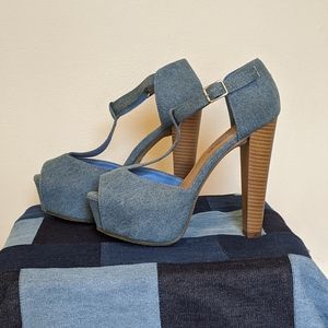 Denim Platform Heeled Sandals
